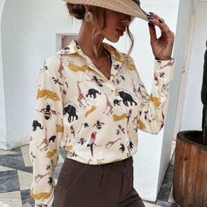 SHEIN Beige Safari Animal Print Button-Up Blouse  Size S